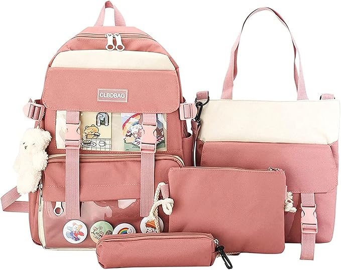 4 件背包组合套装带熊吊坠帆布卡哇伊书包套装,带铅笔盒午餐盒袋